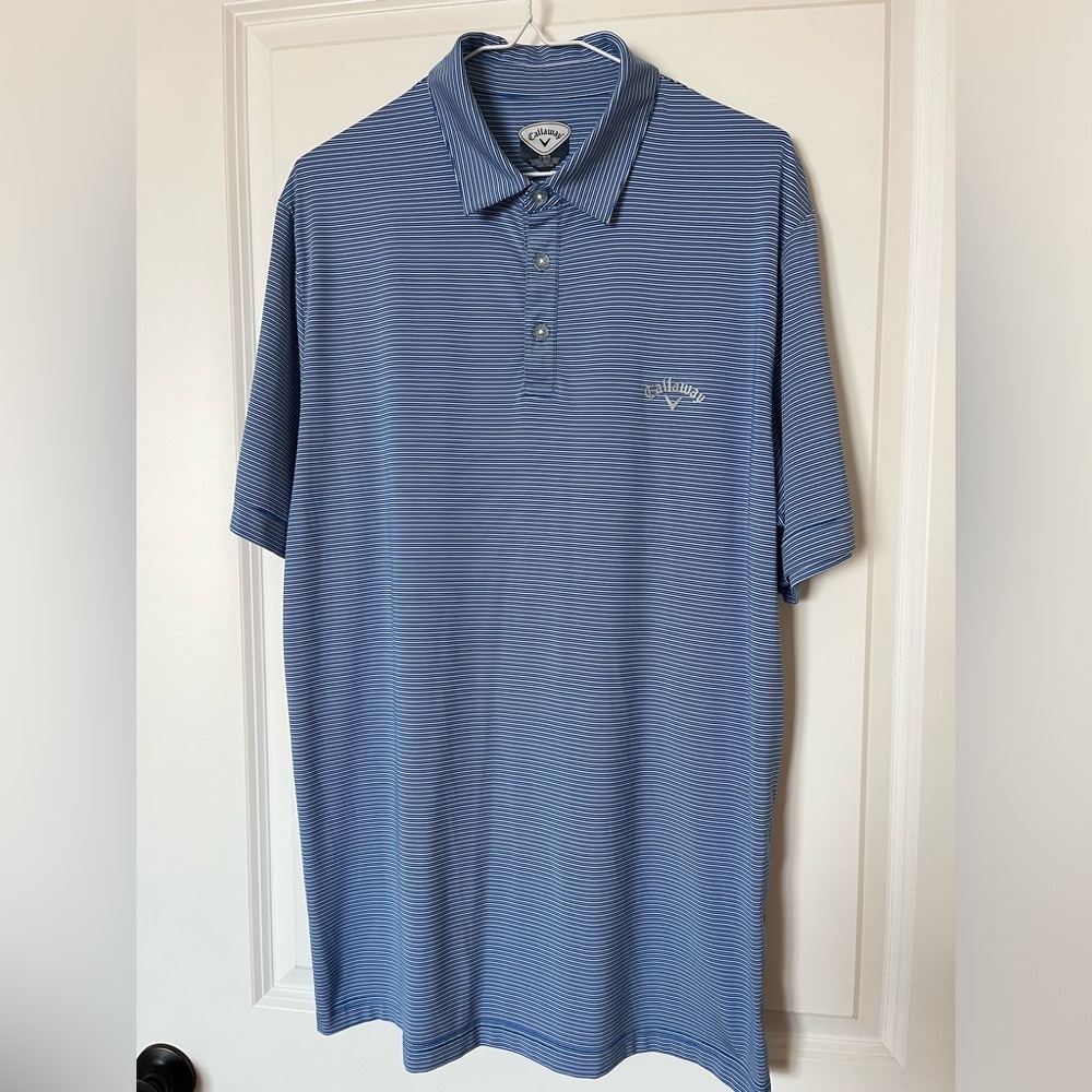 Men’s Callaway Golf Polo - blue, grey and white stripe, size L